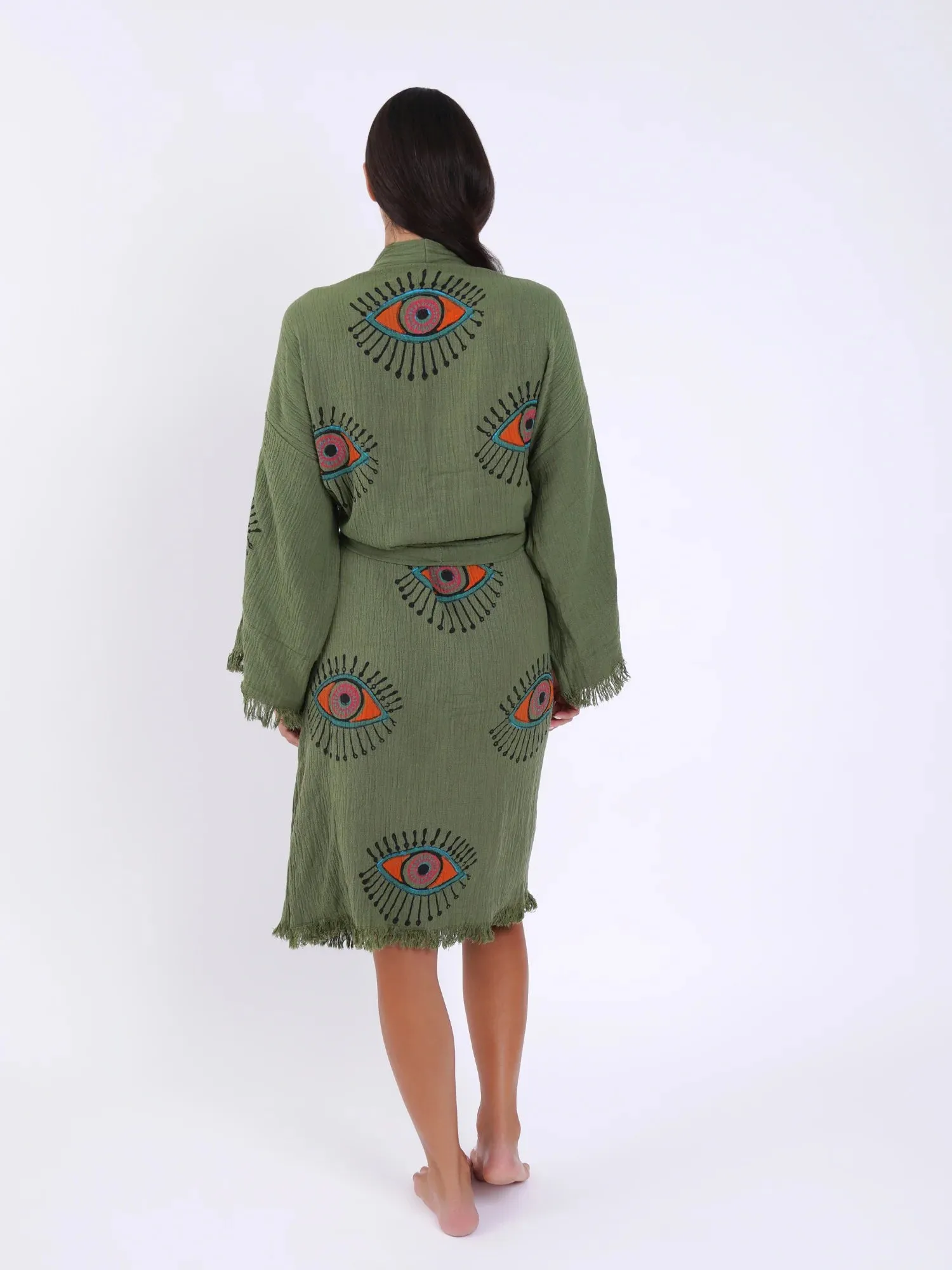 Peshtemal Khaki with Orange & Pink Evil Eye Kimono/Robe