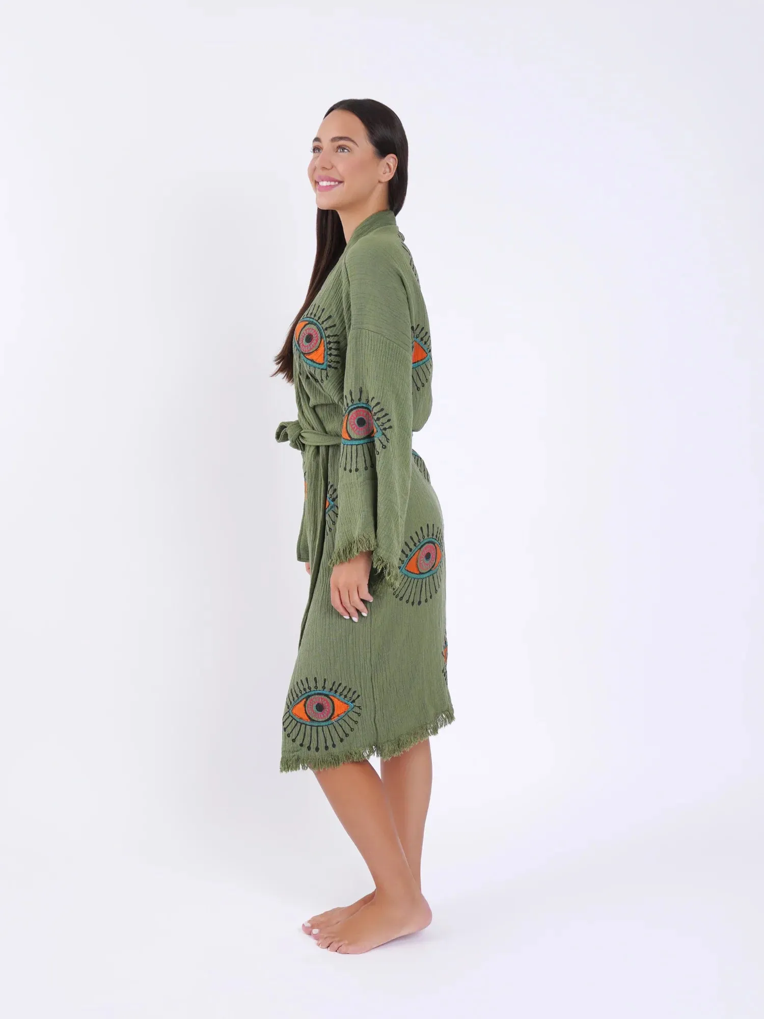 Peshtemal Khaki with Orange & Pink Evil Eye Kimono/Robe