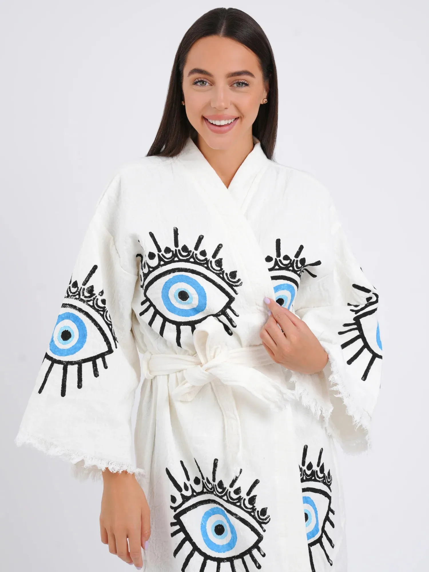 Peshtemal Large Pale Blue Evil Eye Kimono/Robe