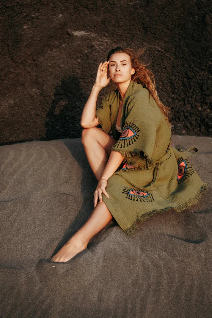 Peshtemal MINI Khaki Evil Eye Kimono/ Robe