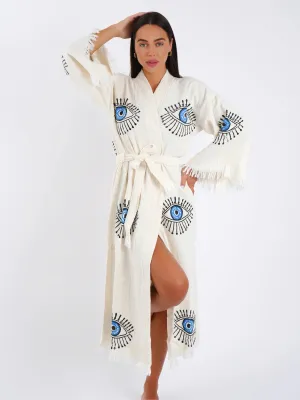 Peshtemal Natural with Blue Big Lashes Evil Eye Kimono/Robe