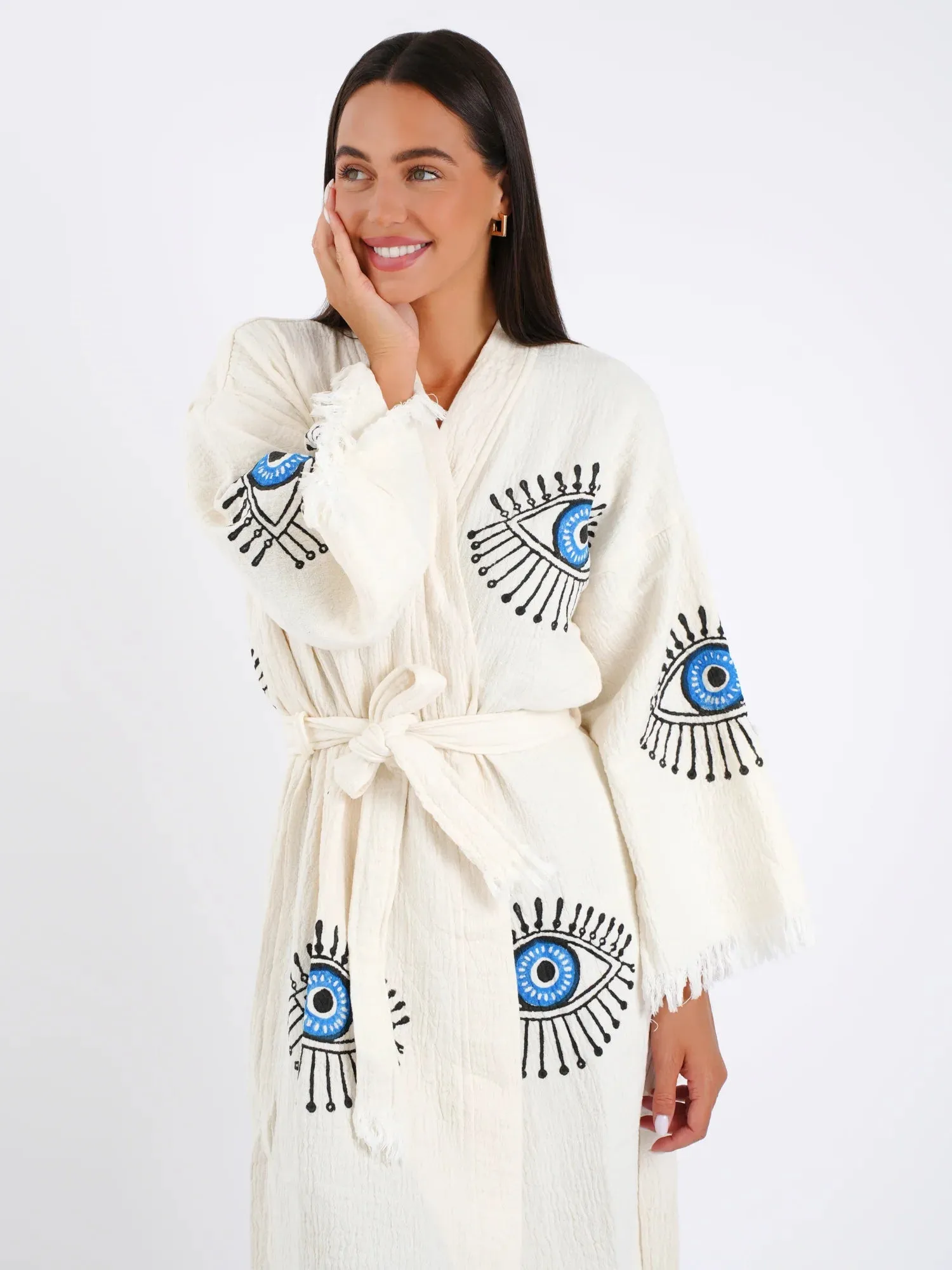 Peshtemal Natural with Blue Big Lashes Evil Eye Kimono/Robe