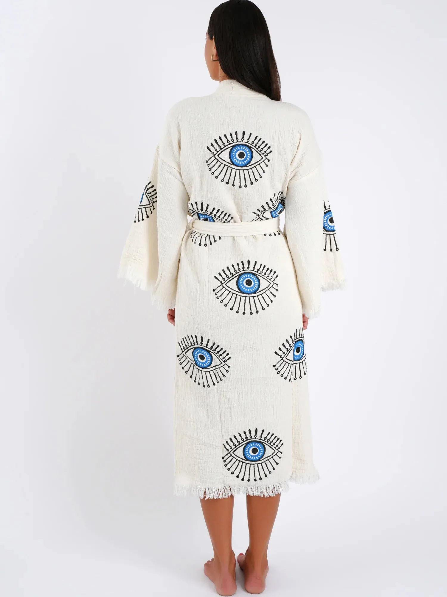 Peshtemal Natural with Blue Big Lashes Evil Eye Kimono/Robe