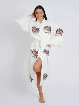 Peshtemal Natural with Bright Orange Evil Eye Kimono/Robe