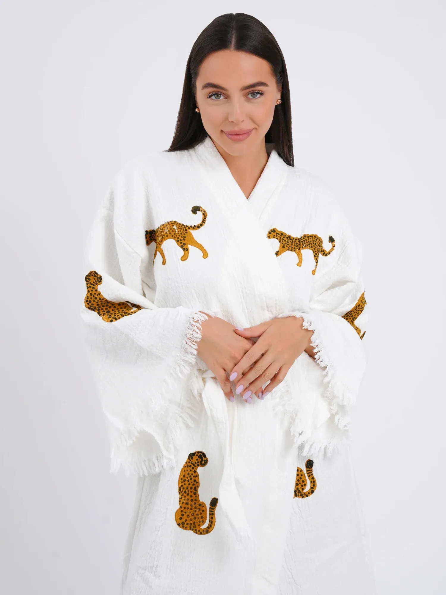 Peshtemal Natural with Tan Leopard Kimono/Robe