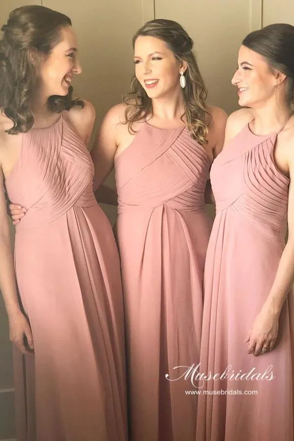 Pink Chiffon A-line Halter Bridesmaid Dresses, Wedding Party Dresses, MBD239