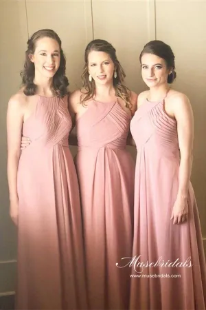 Pink Chiffon A-line Halter Bridesmaid Dresses, Wedding Party Dresses, MBD239