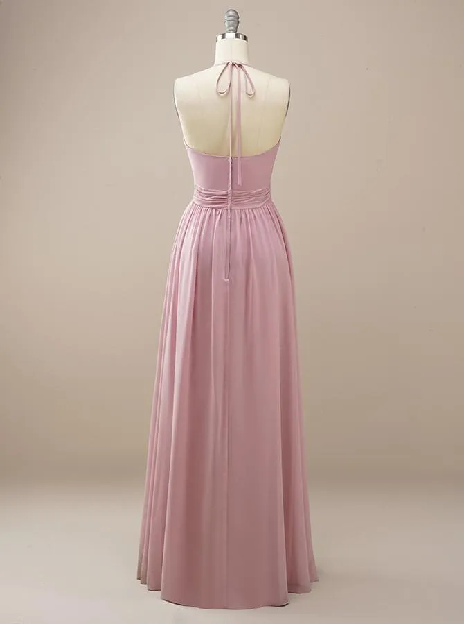 Pink Chiffon Bridesmaid Dress with Halter Neck BM227