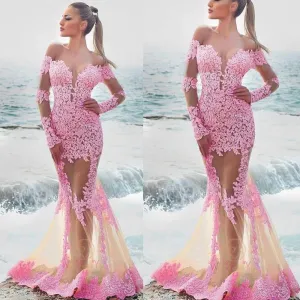 pink lace evening dresses long sleeve 2020 mermaid appliqué beaded sexy formal dress evening gowns