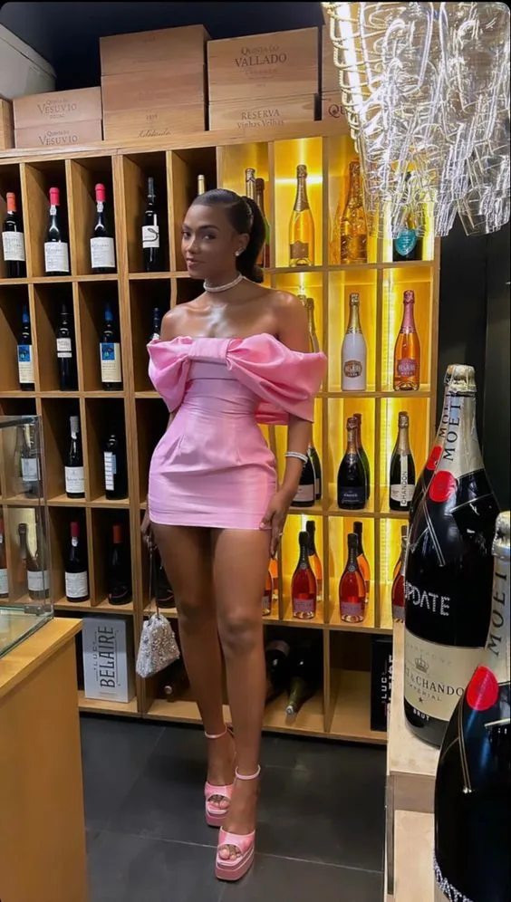 Pink Off Shoulder Bow Short Party Dress Homecomig Dress,DP1690
