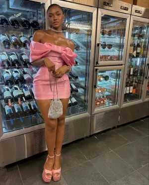 Pink Off Shoulder Bow Short Party Dress Homecomig Dress,DP1690