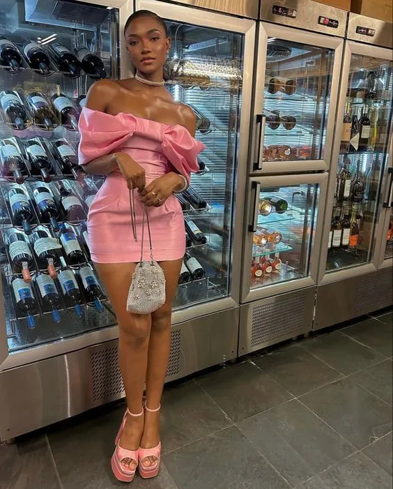 Pink Off Shoulder Bow Short Party Dress Homecomig Dress,DP1690