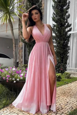 Pink v neck chiffon long prom dress, pink evening dress