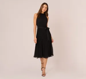 Pleated Sleeveless Chiffon Dress With Tie Waist In Black