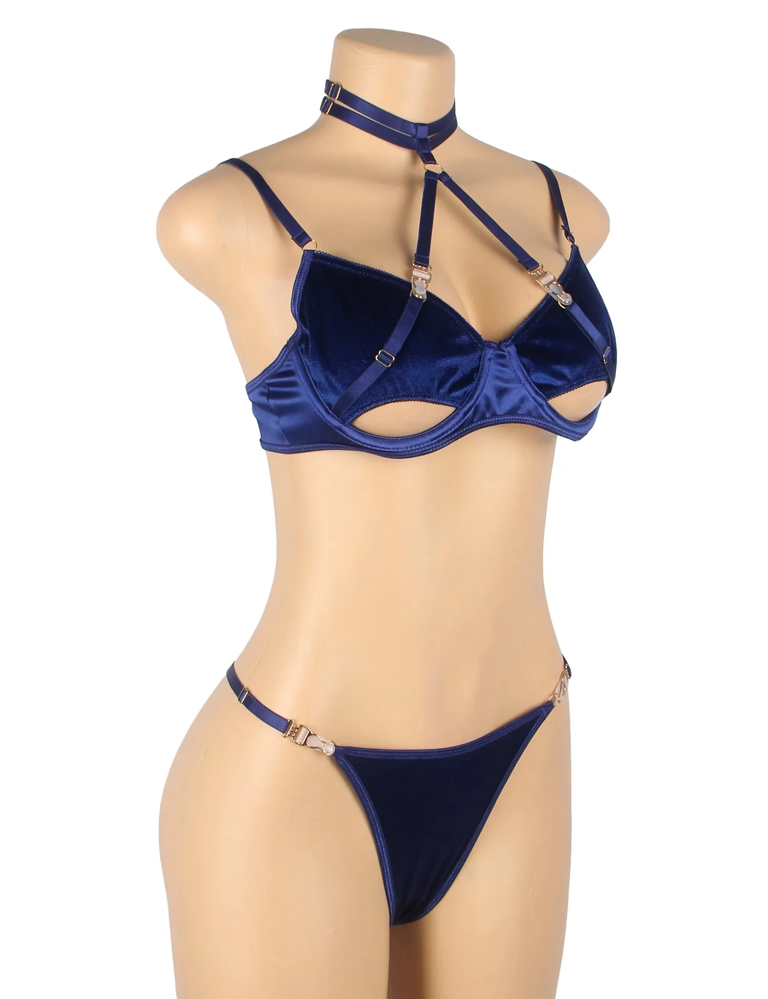 Plus Size Egypt Sexy Velvet Hollow Cut Halter Bra Set