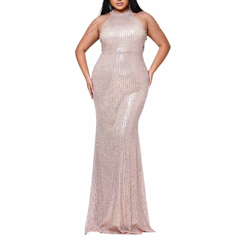 Plus Size Gold Sequin Bridesmaid Halter Dress Mermaid Long Prom Ball Gown