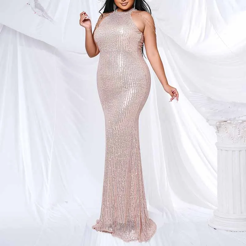 Plus Size Gold Sequin Bridesmaid Halter Dress Mermaid Long Prom Ball Gown