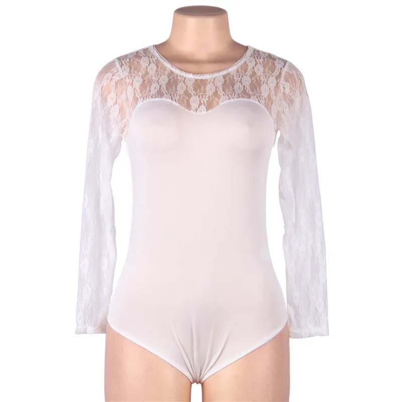 Plus Size  Lingerie Long-sleeved Lace Jumpsuit Perspective