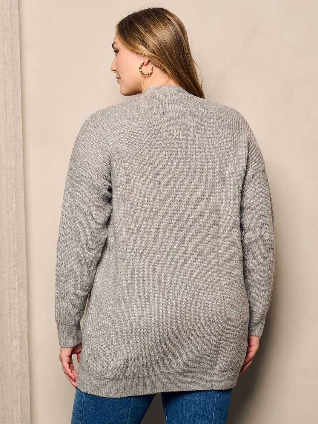 PLUS SIZE LONG SLEEVE OPEN FRONT POCKETS KNIT CARDIGAN