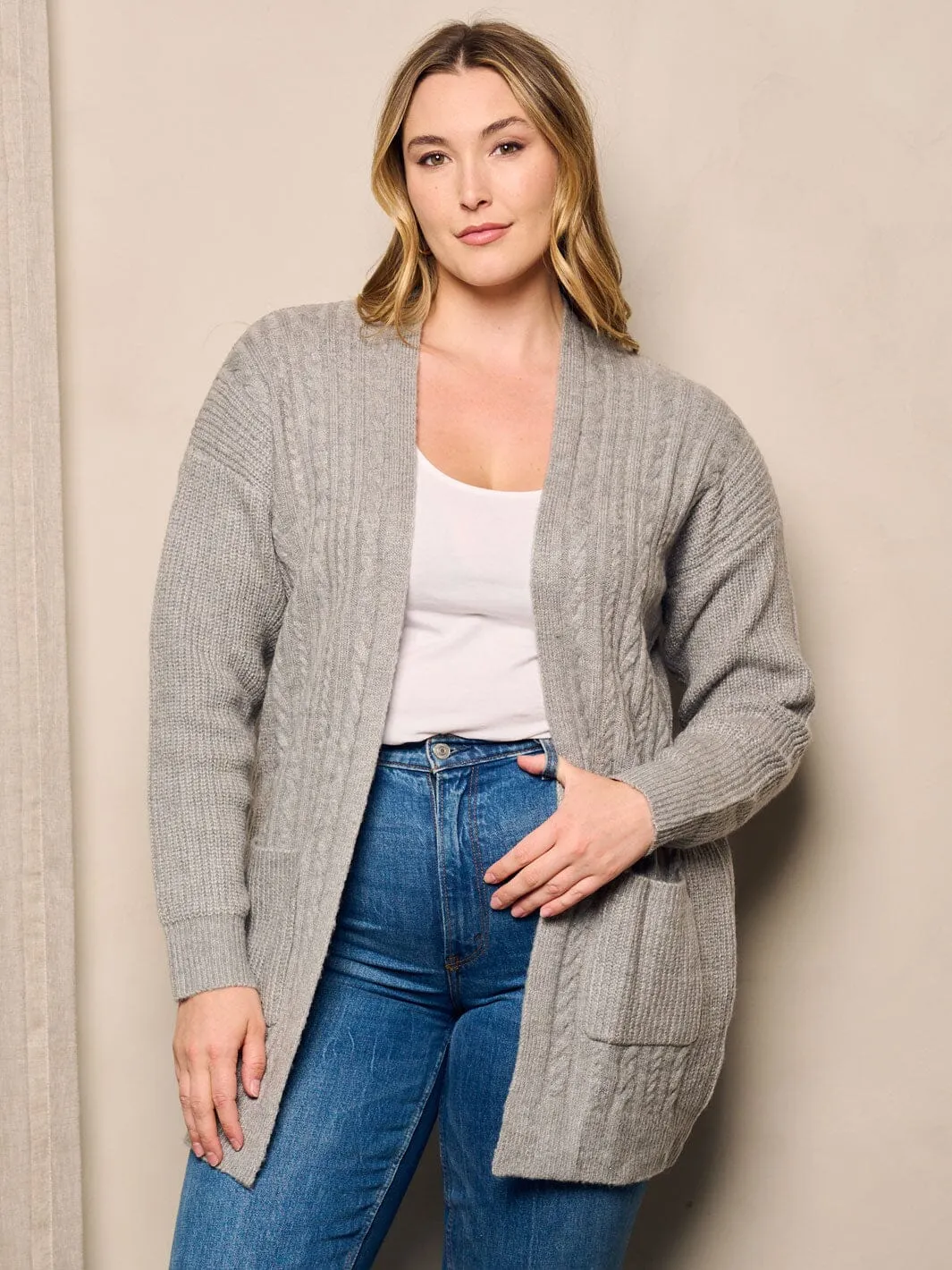PLUS SIZE LONG SLEEVE OPEN FRONT POCKETS KNIT CARDIGAN