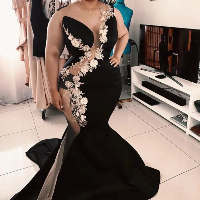 plus size modest evening dresses lace applique elegant black African formal wear evening gowns