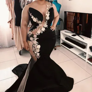plus size modest evening dresses lace applique elegant black African formal wear evening gowns
