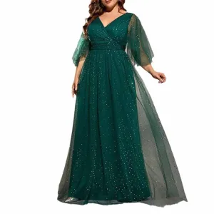 Plus Size Shiny Prom Dress Emerald Green Event Dress Half Sleeve A-Line Ball Gown