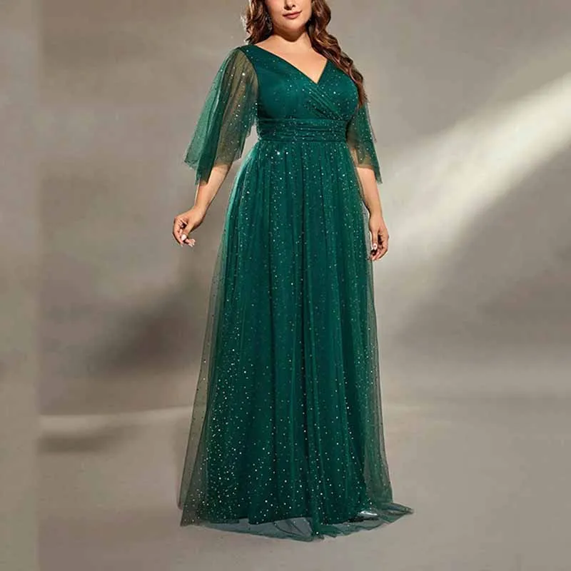 Plus Size Shiny Prom Dress Emerald Green Event Dress Half Sleeve A-Line Ball Gown