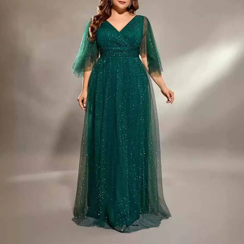 Plus Size Shiny Prom Dress Emerald Green Event Dress Half Sleeve A-Line Ball Gown