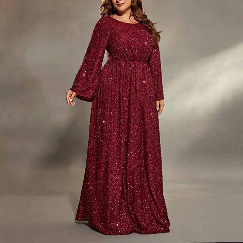 Plus Size Wine Red Prom Dress Sequin Event Dress Wedding Ball Gown With Sleeves