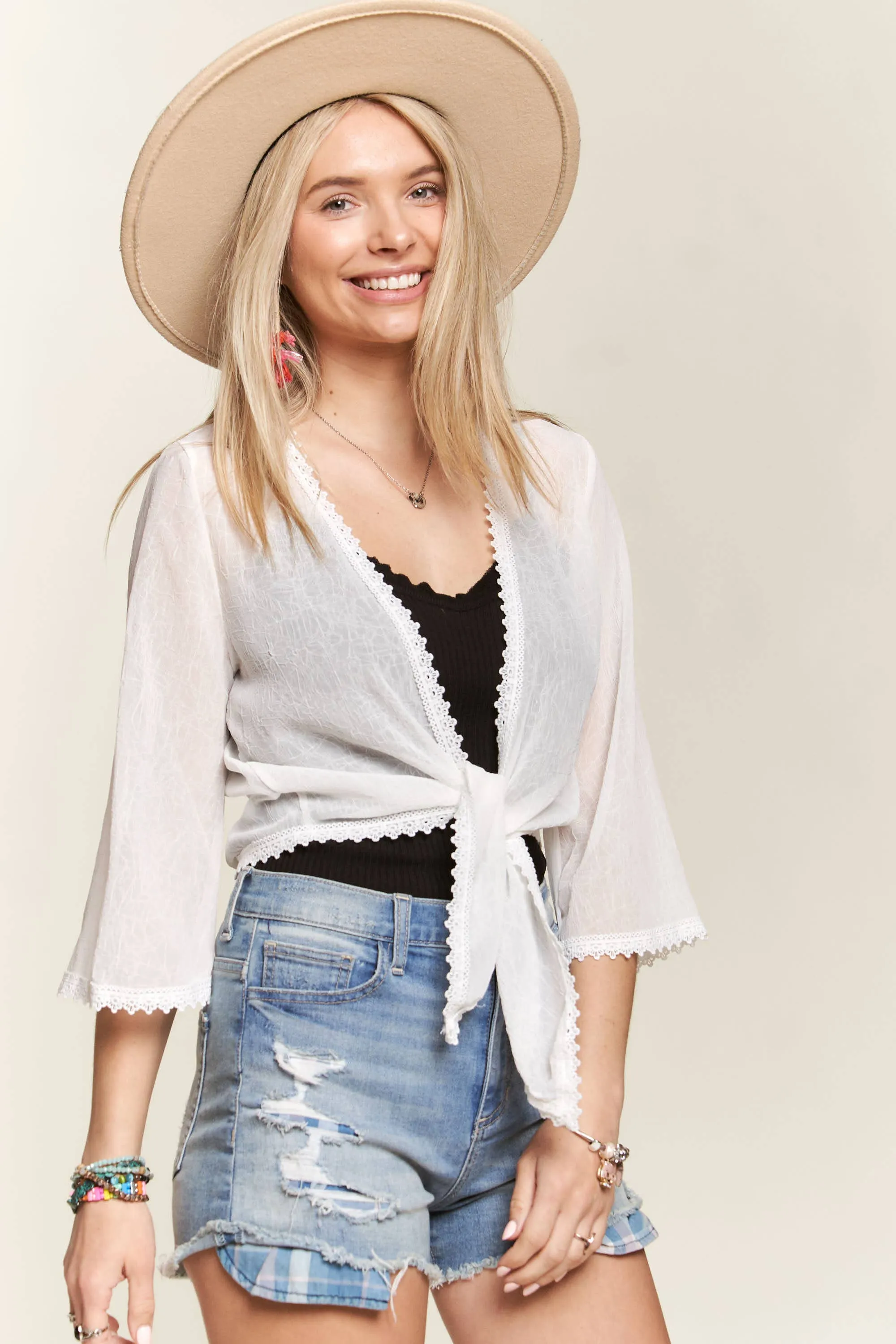 PLUS TEXTURED CHIFFON FRONT TIE BOLERO (CARDIGAN)