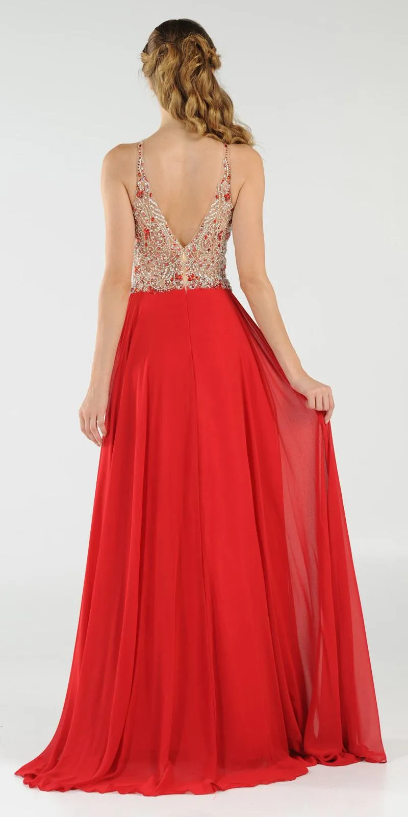 Poly USA 7826 Halter Beaded Bodice A-Line Chiffon Long Dress Black