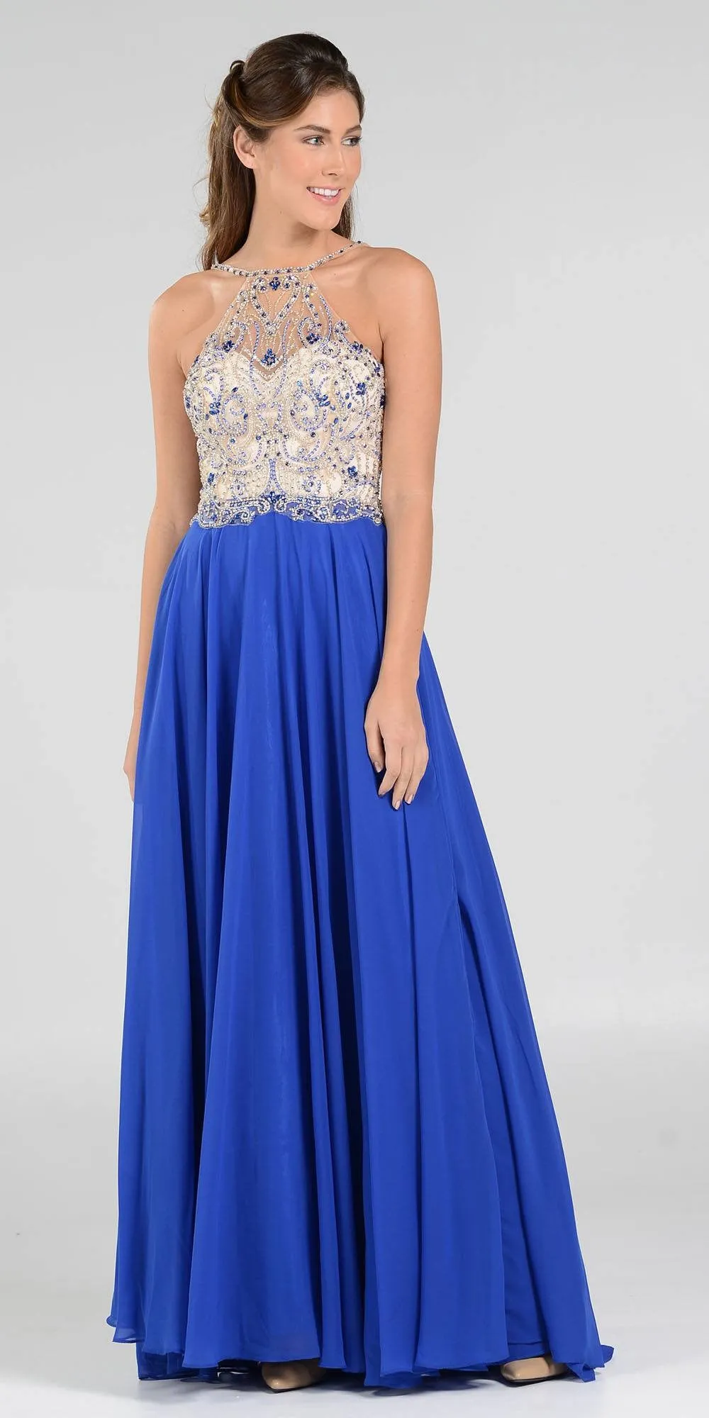 Poly USA 7826 Halter Beaded Bodice A-Line Chiffon Long Dress Black
