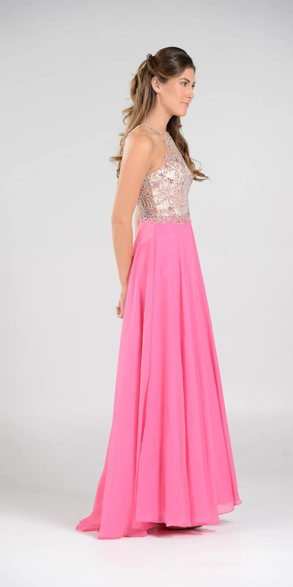 Poly USA 7826 Halter Beaded Bodice A-Line Chiffon Long Dress Black