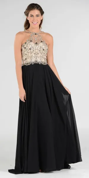 Poly USA 7826 Halter Beaded Bodice A-Line Chiffon Long Dress Black
