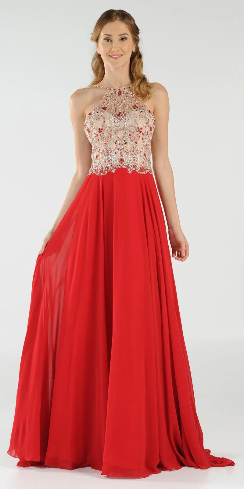 Poly USA 7826 Halter Beaded Bodice A-Line Chiffon Long Dress Black