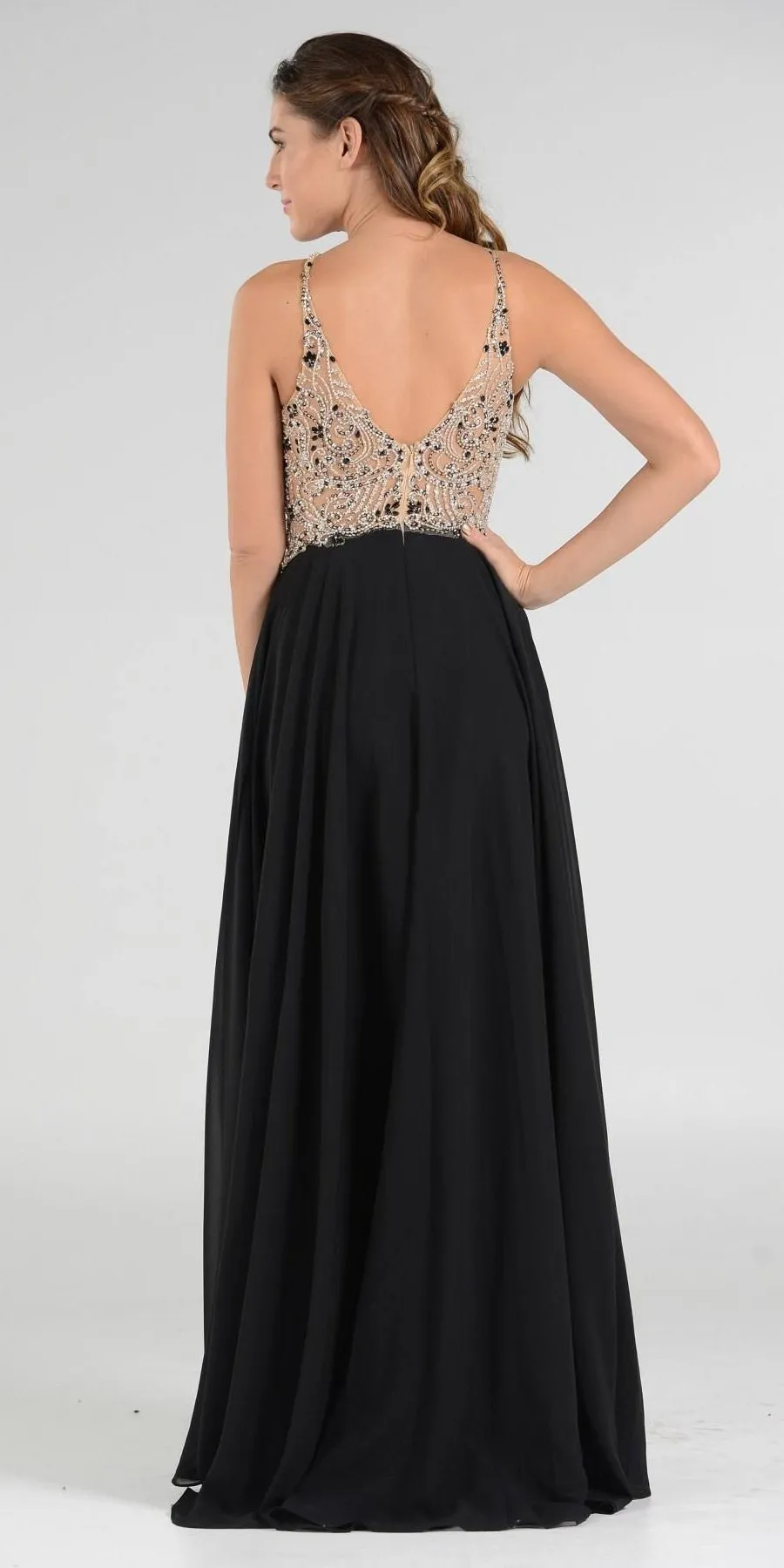 Poly USA 7826 Halter Beaded Bodice A-Line Chiffon Long Dress Black