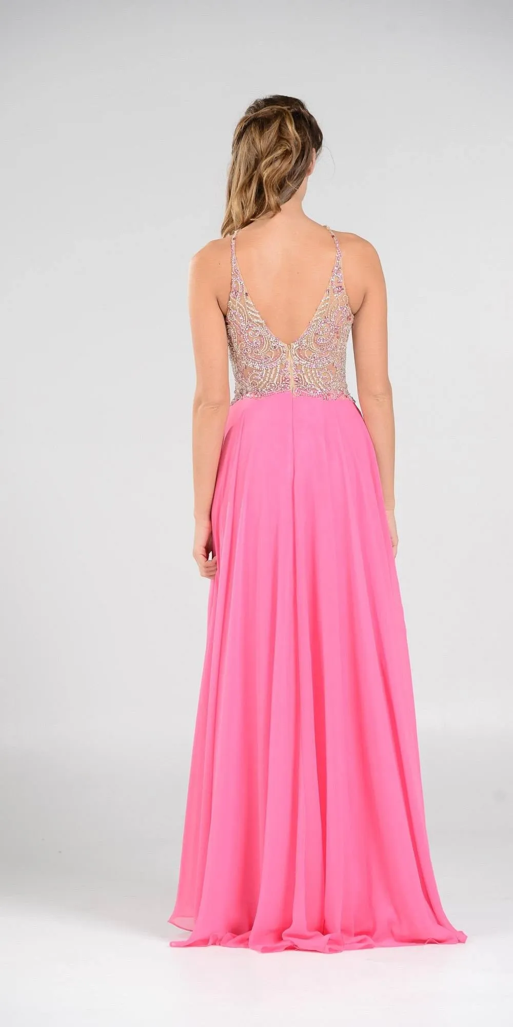 Poly USA 7826 Halter Beaded Bodice A-Line Chiffon Long Dress Black