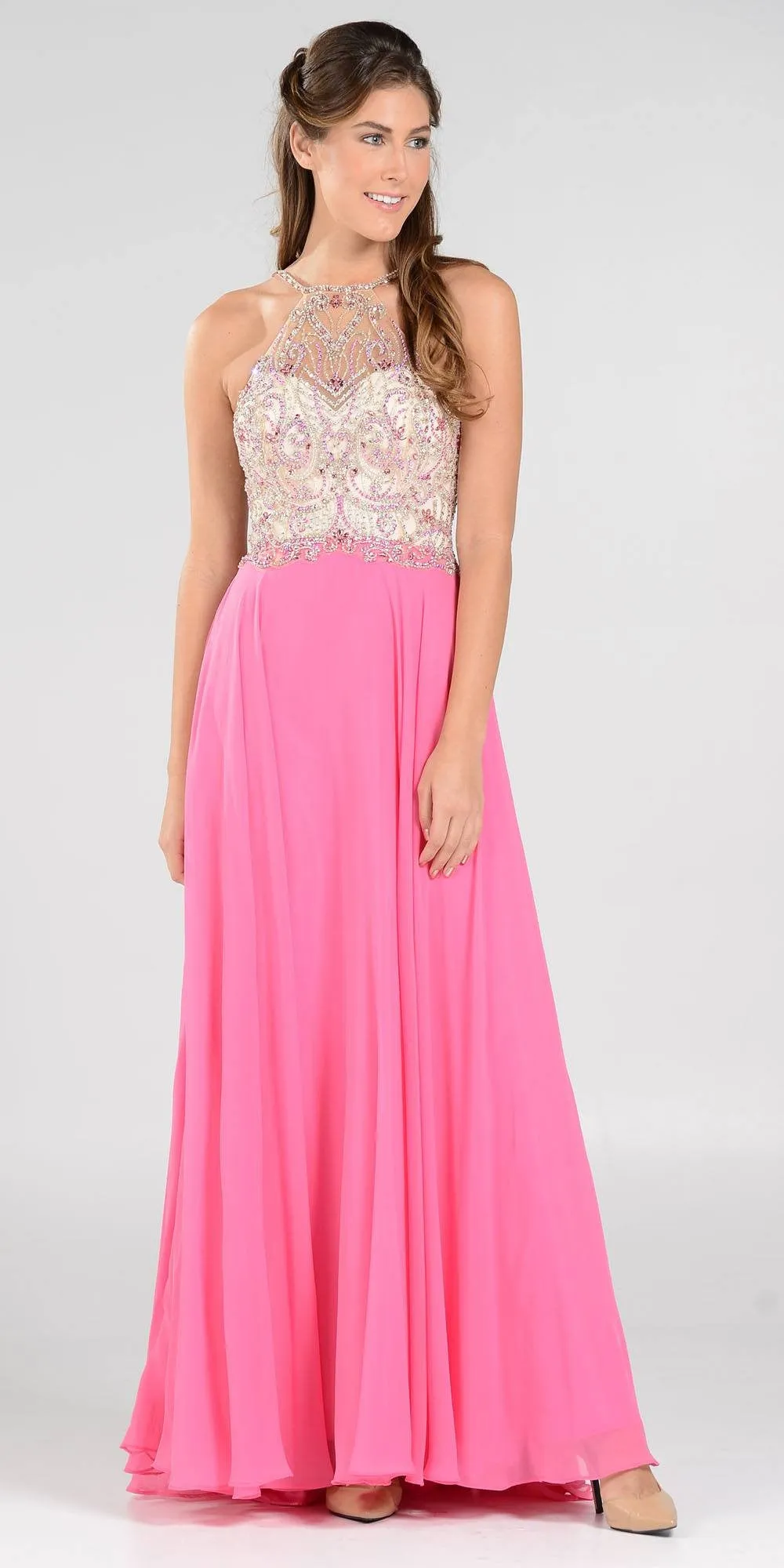 Poly USA 7826 Halter Beaded Bodice A-Line Chiffon Long Dress Black