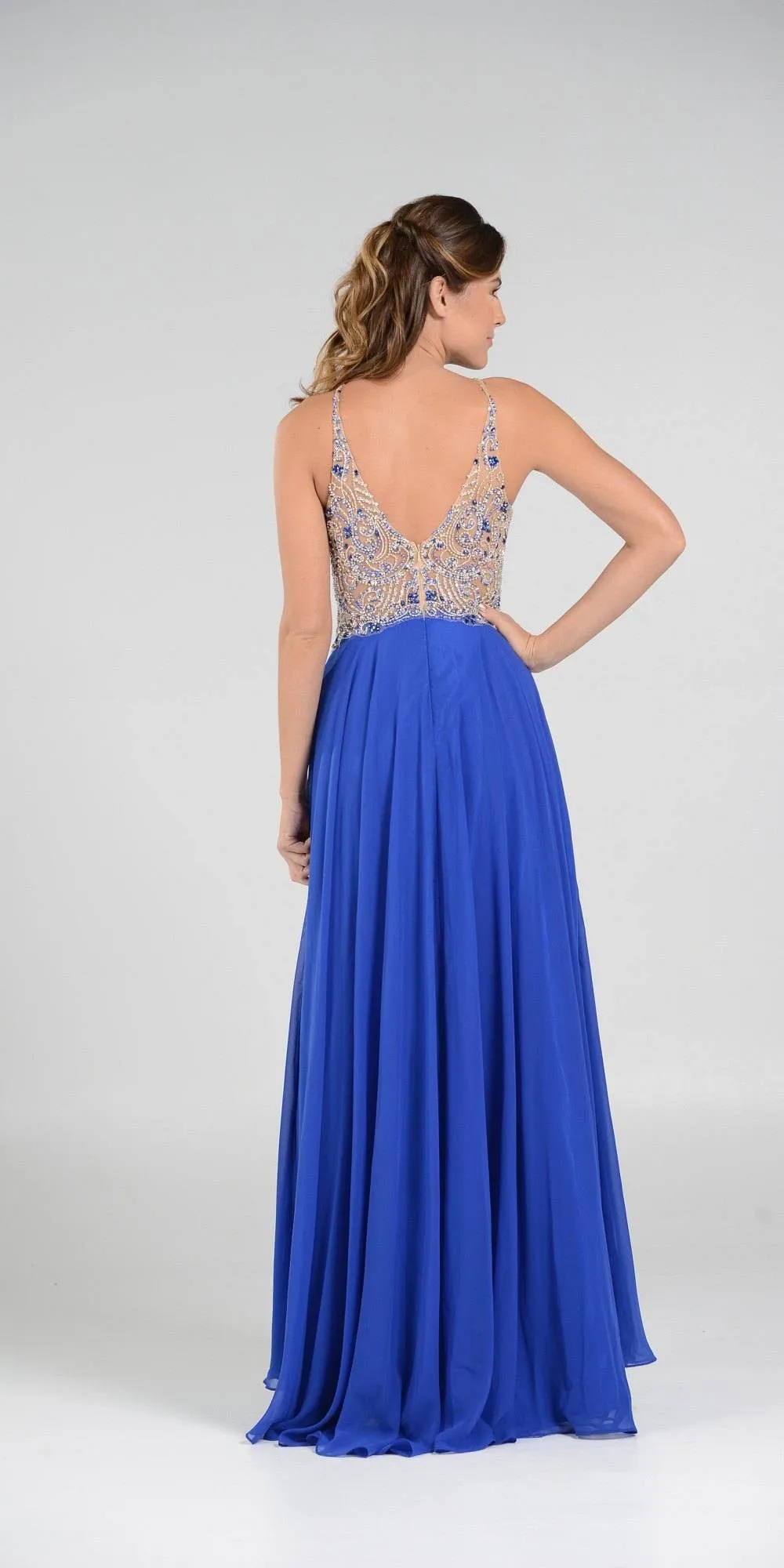 Poly USA 7826 Halter Beaded Bodice A-Line Chiffon Long Dress Black
