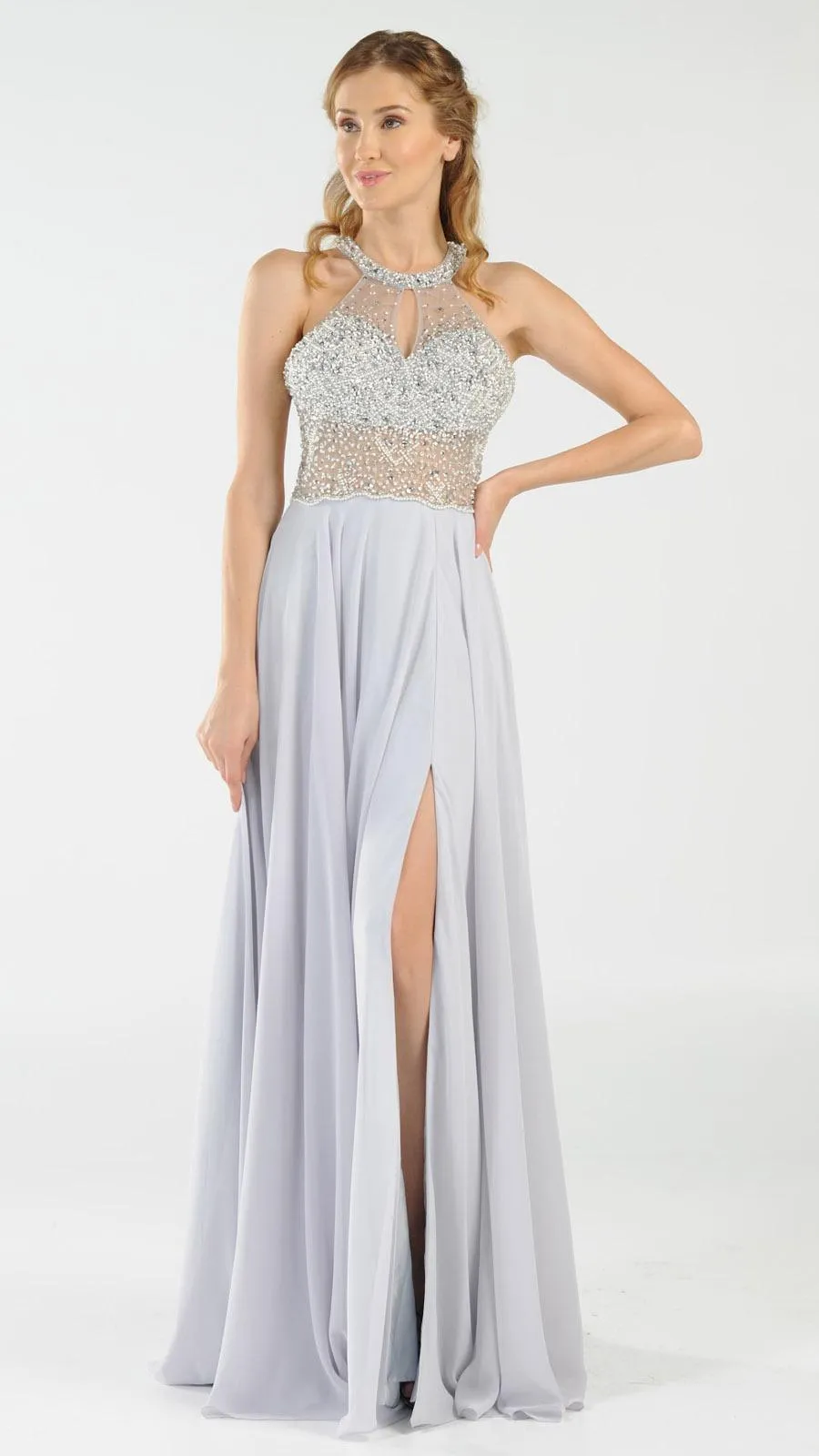 Poly USA 8202 Halter Sheer Beaded Bodice Keyhole Neckline Long Dress