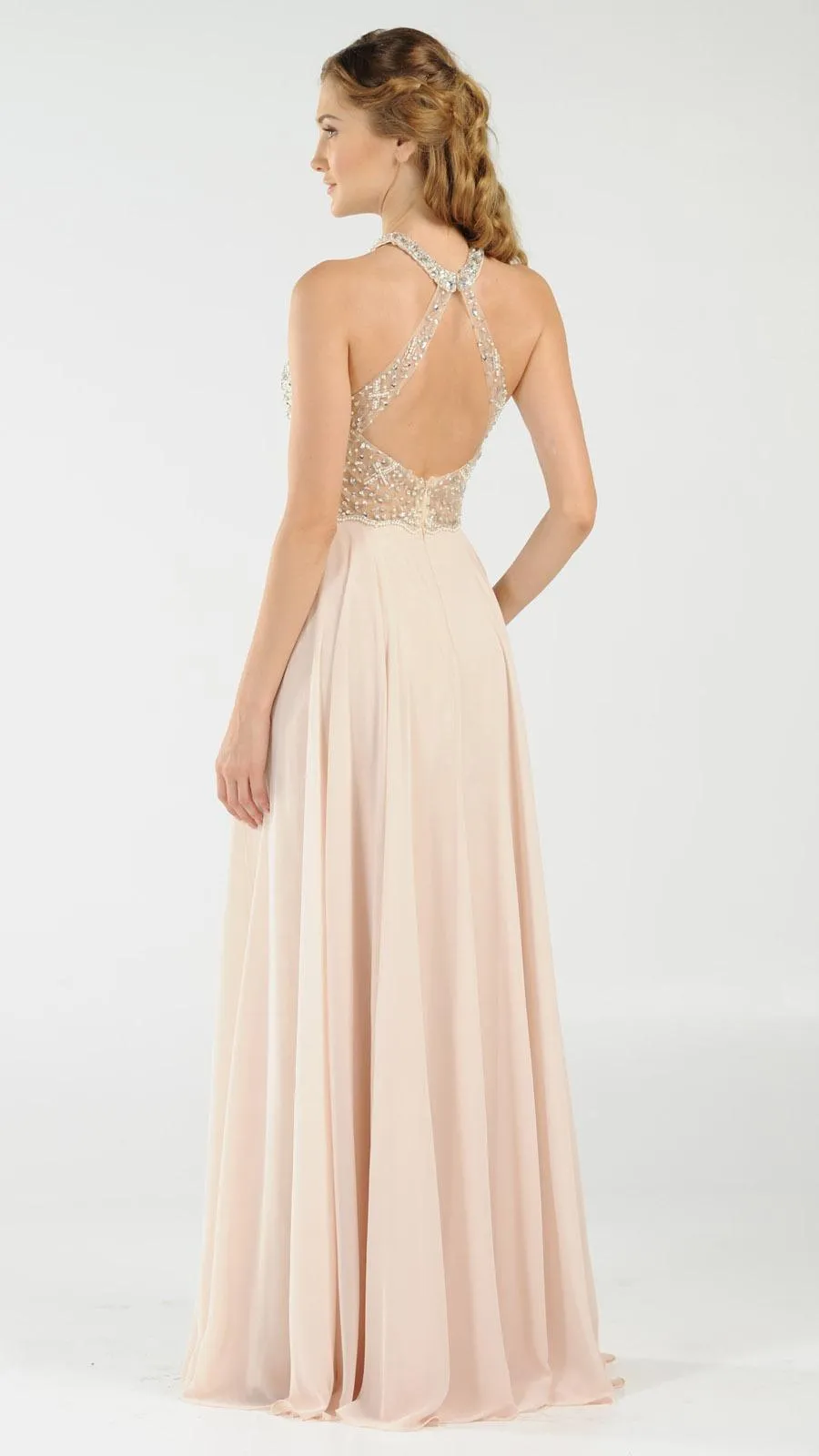 Poly USA 8202 Halter Sheer Beaded Bodice Keyhole Neckline Long Dress