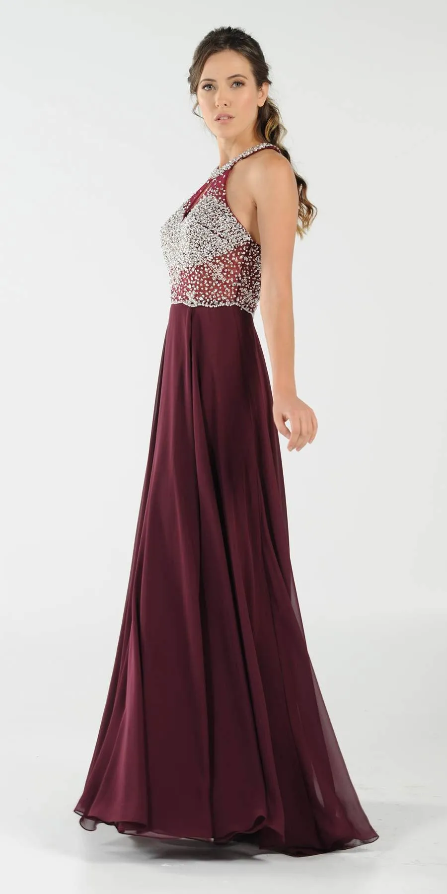Poly USA 8202 Halter Sheer Beaded Bodice Keyhole Neckline Long Dress