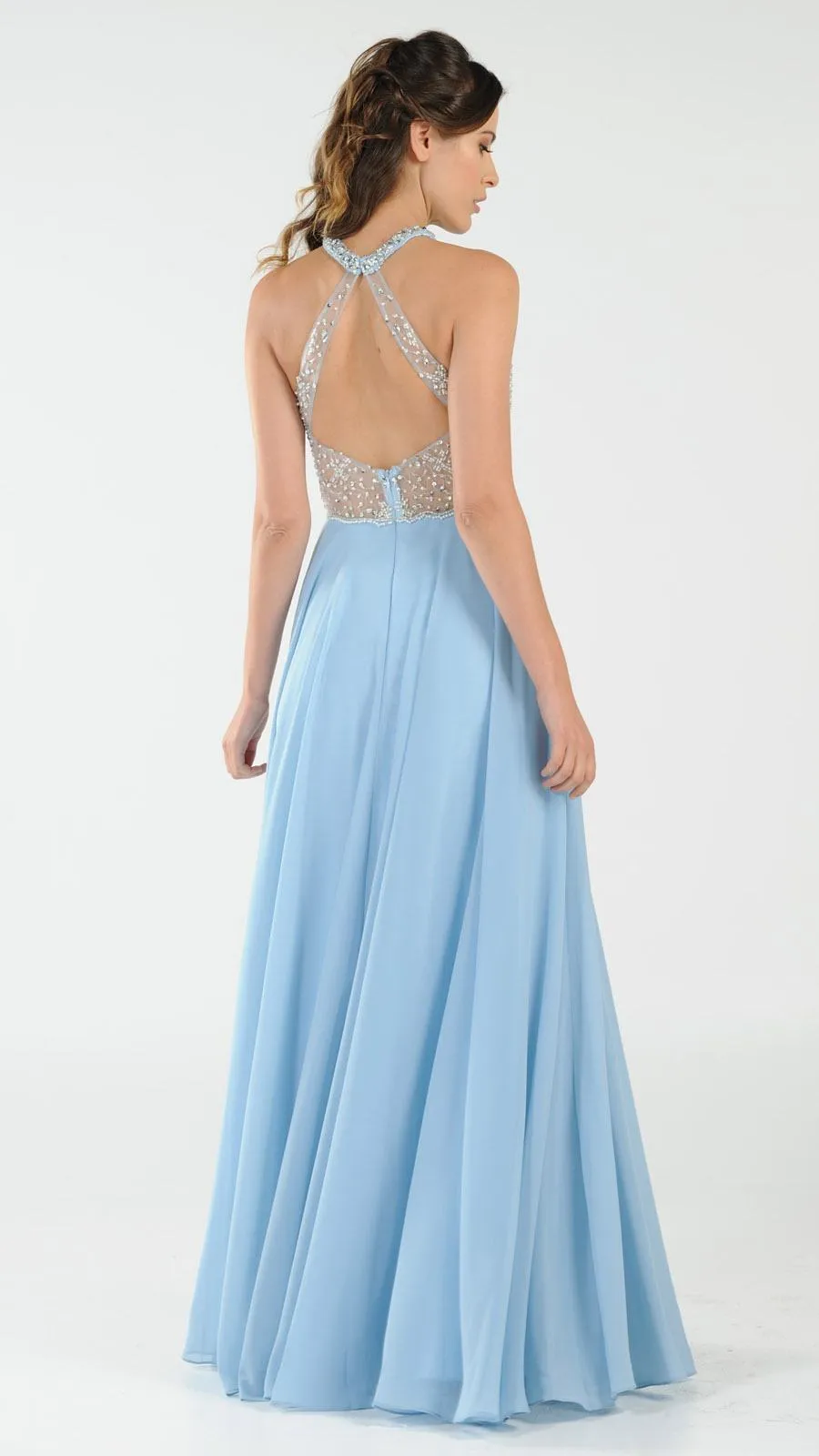 Poly USA 8202 Halter Sheer Beaded Bodice Keyhole Neckline Long Dress