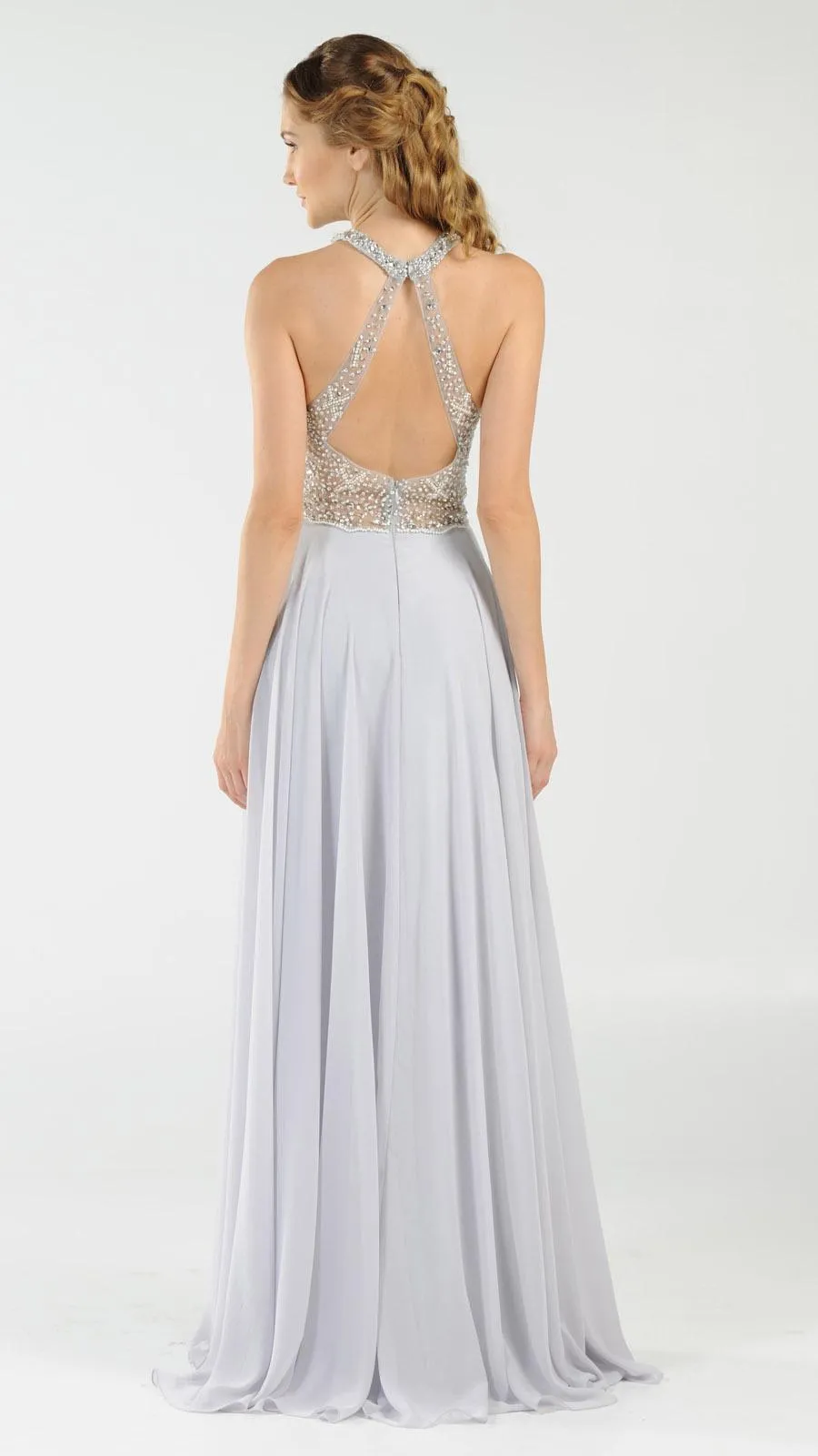 Poly USA 8202 Halter Sheer Beaded Bodice Keyhole Neckline Long Dress