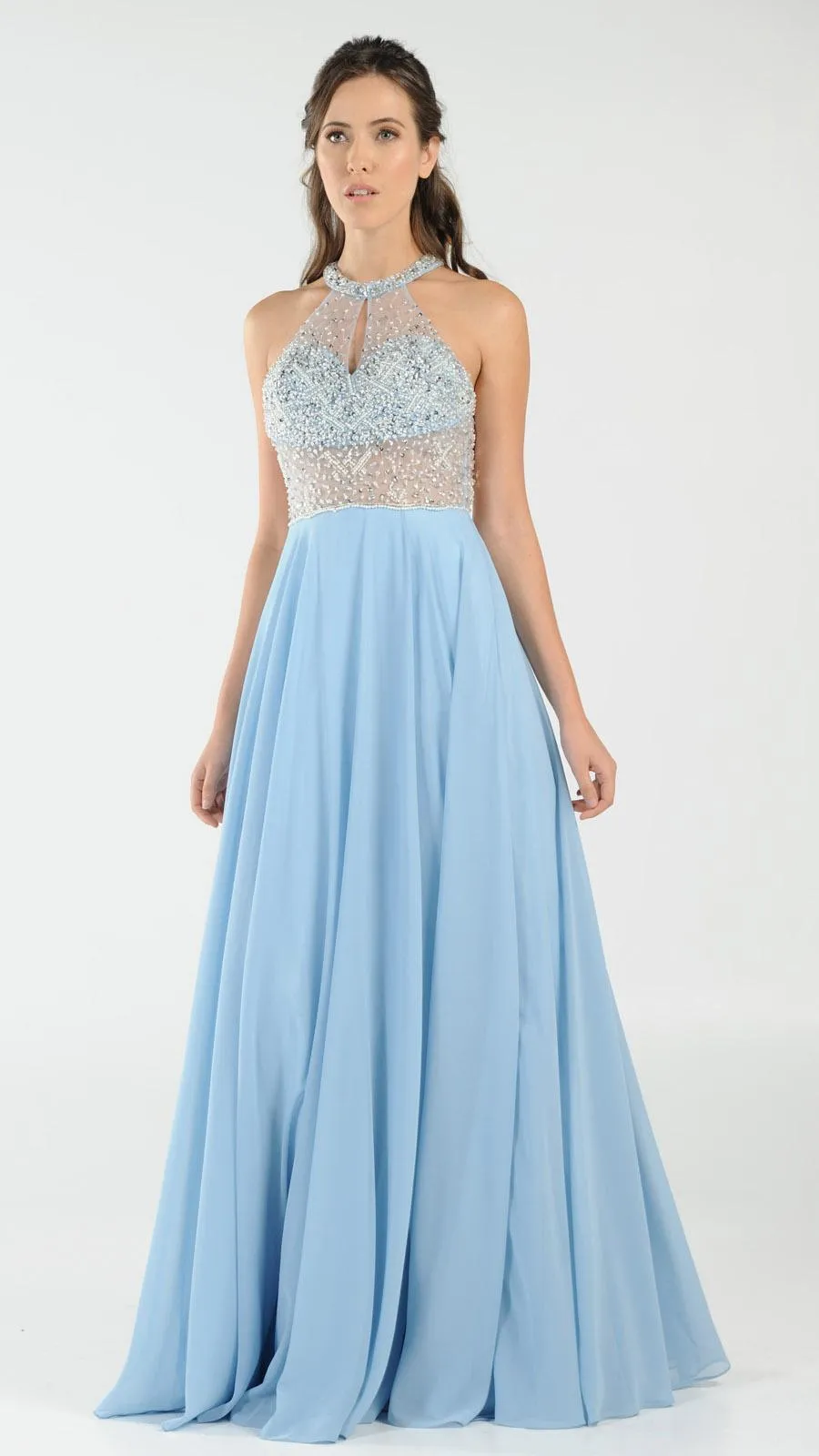 Poly USA 8202 Halter Sheer Beaded Bodice Keyhole Neckline Long Dress