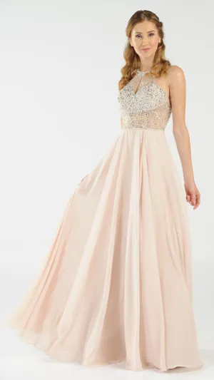 Poly USA 8202 Halter Sheer Beaded Bodice Keyhole Neckline Long Dress