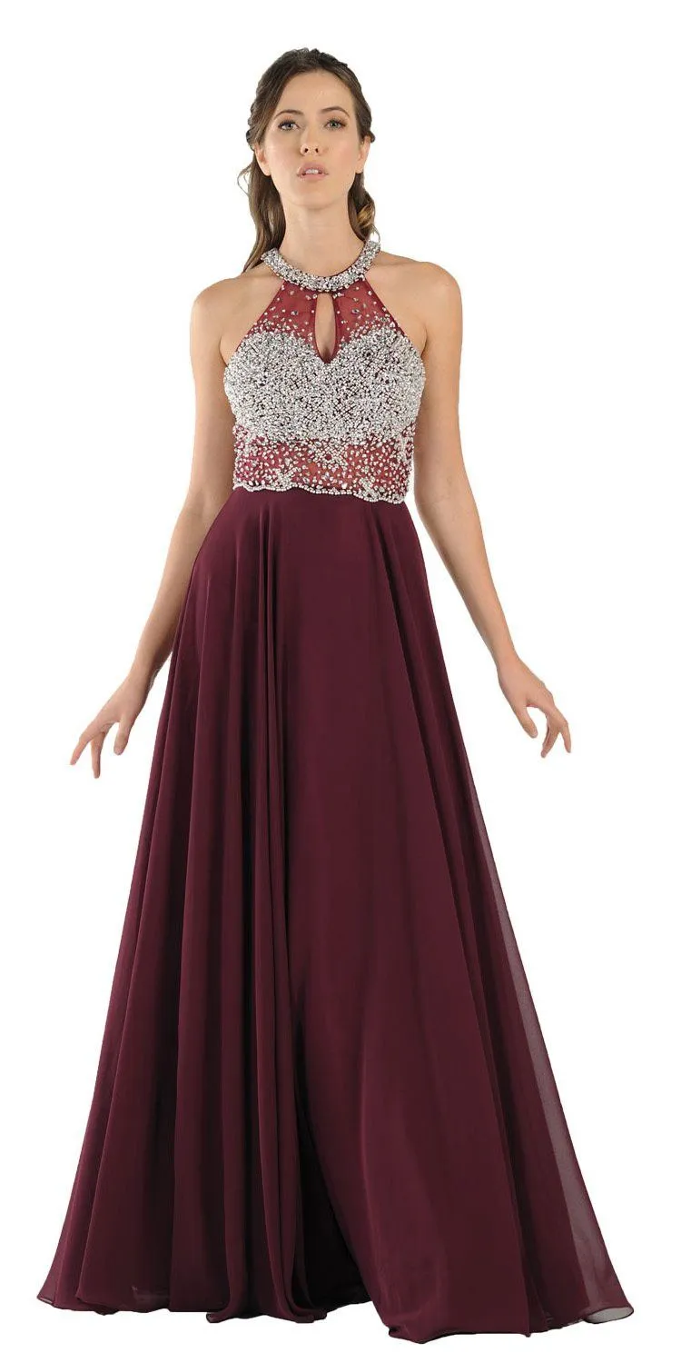 Poly USA 8202 Halter Sheer Beaded Bodice Keyhole Neckline Long Dress