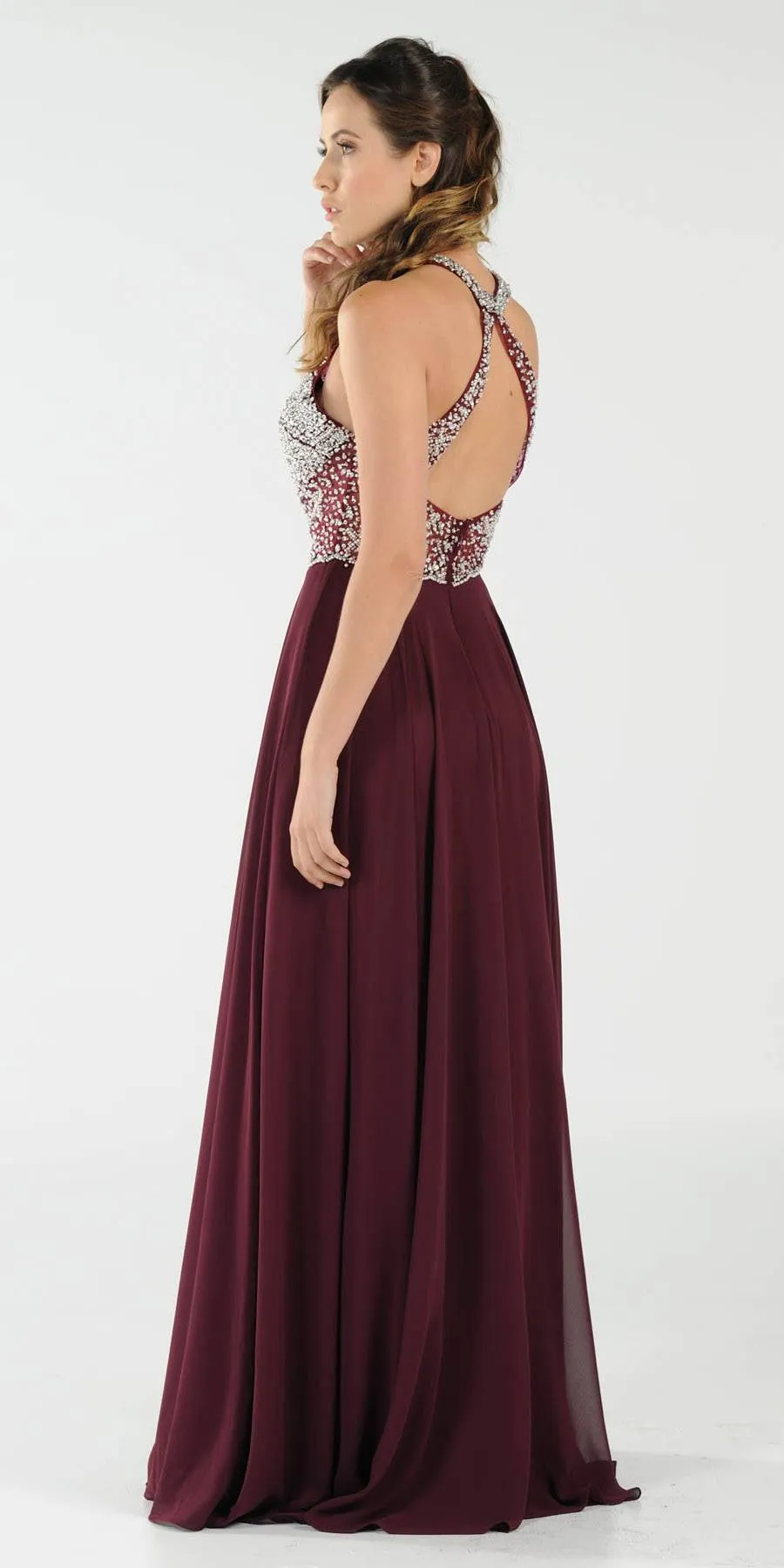 Poly USA 8202 Halter Sheer Beaded Bodice Keyhole Neckline Long Dress