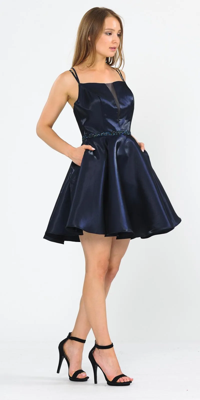 Poly USA 8447 Embellished Waist with Pockets Short Dress